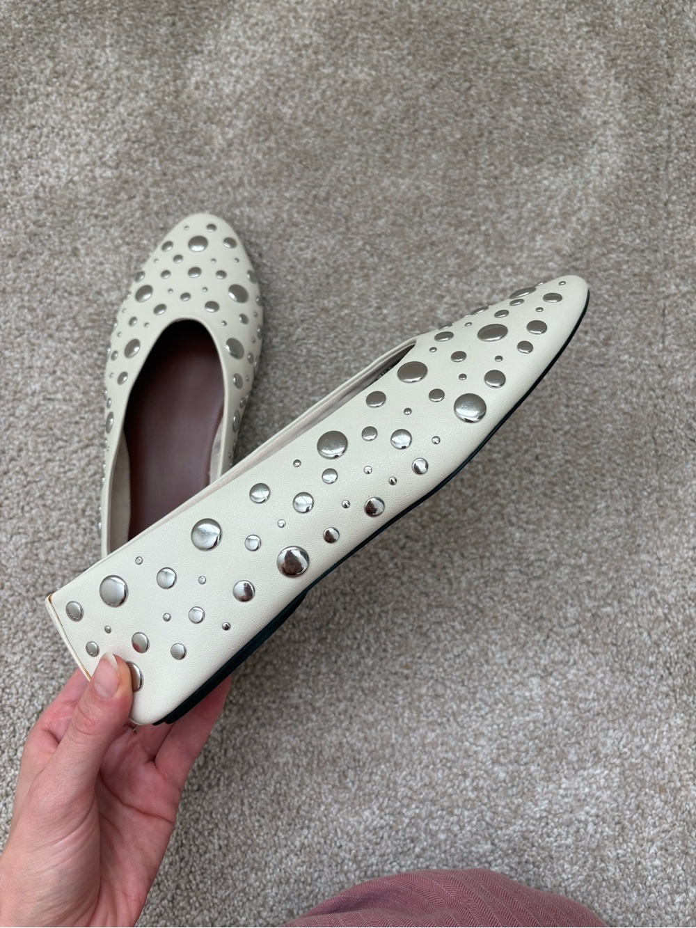 ZARA Leather Cream Studded Pointed Toe Ballet Flats NWOT EU38 - Picture 5 of 6